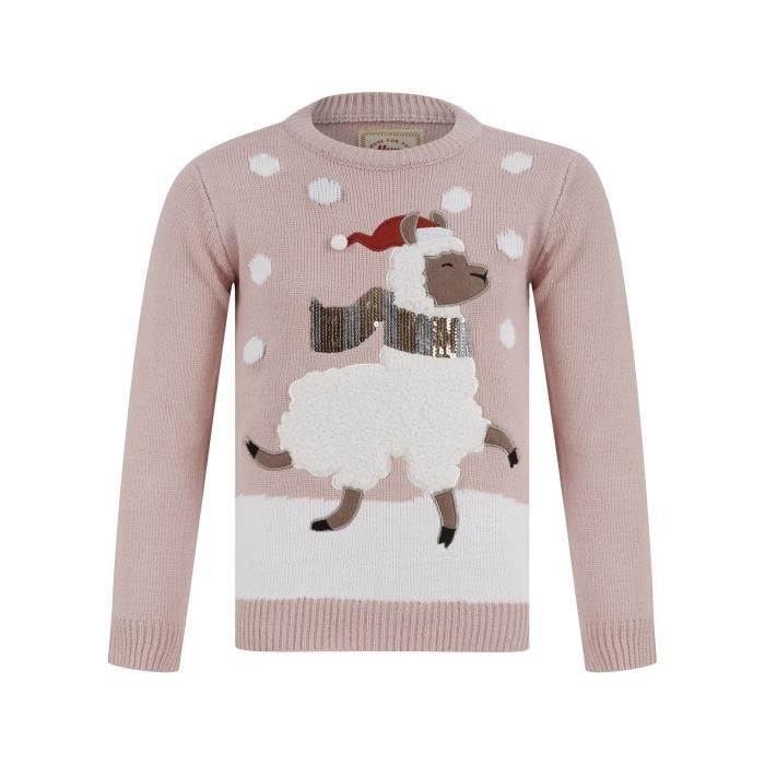 MERRY CHRISTMAS Pull de Noel Lama Fausse Fourrure Sequins Lumieres Rose Enfant Bleu Poudre Cdiscount Pret a Porter