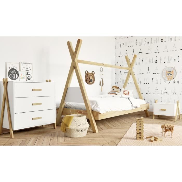 Chambre enfant Amarok - Lit + chevet + commode - Style scandinave - Pin massif et MDF - Blanc et naturel