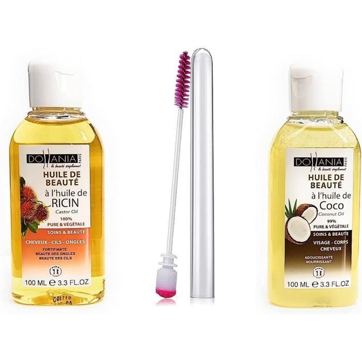 Dollania Huile de Ricin et Huile de Coco Pour Ongles Visage Lèvres Corps (2 x 100 ML)+1 Brosse