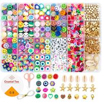 Kit de fabrication de bijoux en argile polymère à 24 cellules, perles plates, perles de lettres, visages souriants, fruits colorés