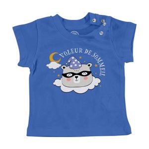 T-SHIRT T-shirt Bébé Manche Courte Bleu Voleur de Sommeil Dessin Illustration Animaux