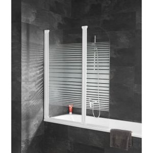 PORTE DE BAIGNOIRE Pare-baignoire pivotant, décor rayures horizontales,114 x 140 cm, 2 volets, profilé blanc, Komfort, Schulte