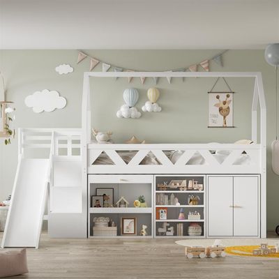 Lit Mezzanine Enfant Avec Toboggan Et Rangement - 90x200 Cm Bois Pin & MDF - Blanc & Naturel