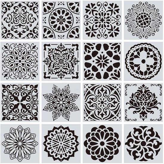 Lot De 16 Pochoirs De Peinture Mandala - 15 X 15 Cm - Réutilisables