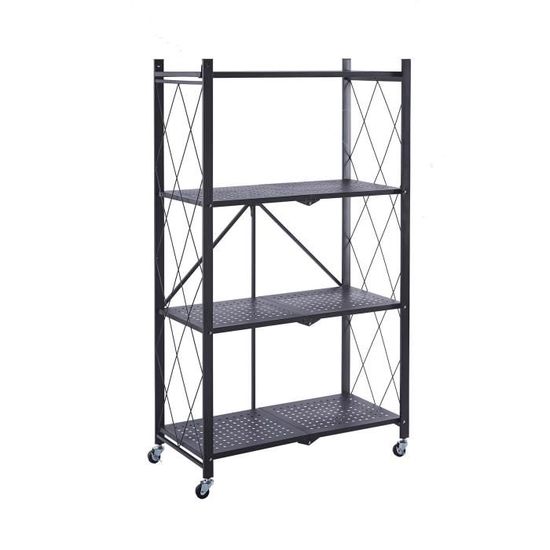 Etagère Rangement Pliable 4 Niveaux - Avec Roulettes - Noir - Pour Cuisine, Garage, Bureau