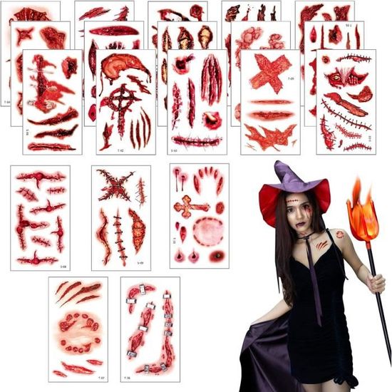 Pack De 13 Tatouages Temporaires Réalistes Cicatrices - Faciles à Appliquer - Thème Halloween