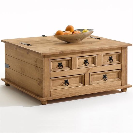 Table basse coffre rangement TEQUILA - IDIMEX - Pin massif - Style mexicain - 5 tiroirs - Coffre de rangement - Maison