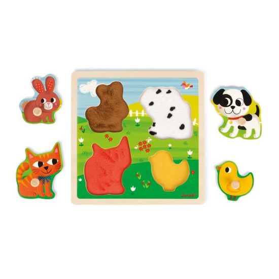 Puzzle en bois tactile 4 pièces - JANOD - Mes premiers animaux - Coordination main/oeil - Mixte - Animaux