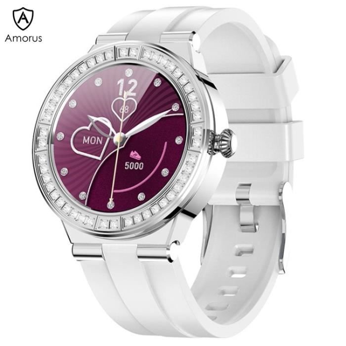 Montre Connectée Sport, AMORUS Montre Connectée étanche IP68 Bracelet Rappel de Période Menstruelle Femme Cardiofréquencemètre,Blanc