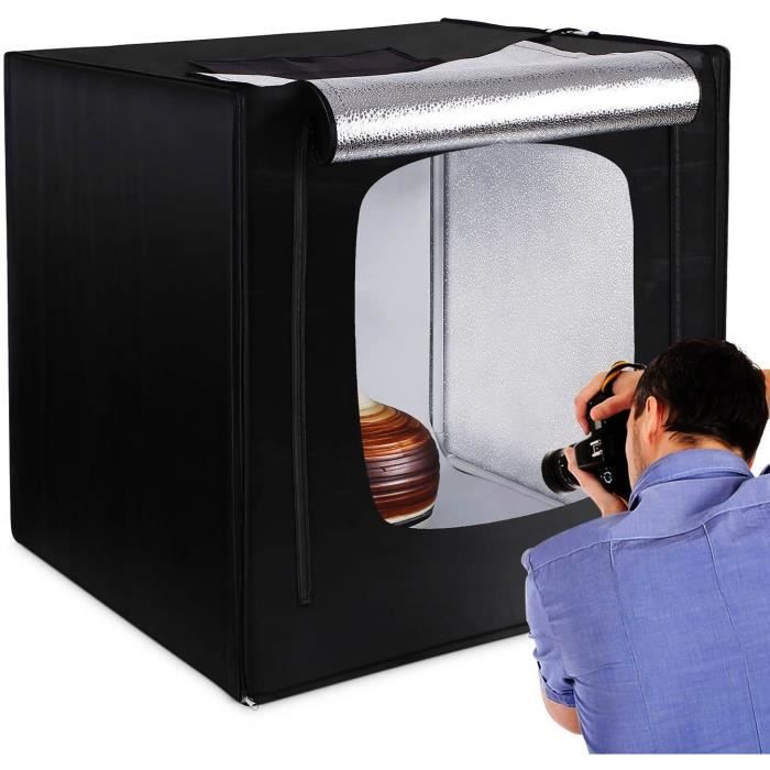 AMZDEAL Photo Studio - 80x80cm Boîte à Lumière Portable, 5500K - Tente de Shooting - 2 LED Lumineux - 3 Fonds - Blanc-Noir-Orange)