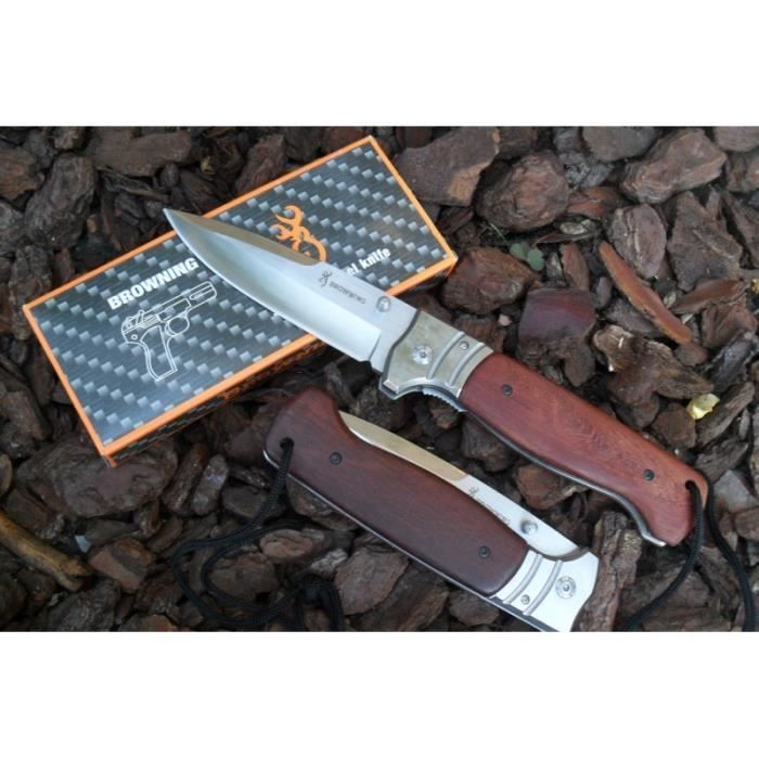 Grand Couteau -BROWNING- Massif Lame Acier 12 cm Manche Bois 15,5 cm Lanière Outdoor