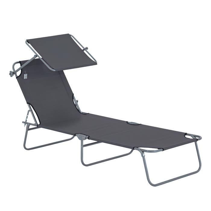 Transat bain de soleil pliable grand confort dossier et pare-soleil réglable multi-positions gris neuf 01GY