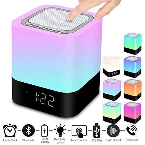 Enceinte Bluetooth Portable sans Fil Bluetooth Haut-Parleur avec Contrôle Tactile Multicolor Lampe de Chevet, Réveil, Lecteur MP3