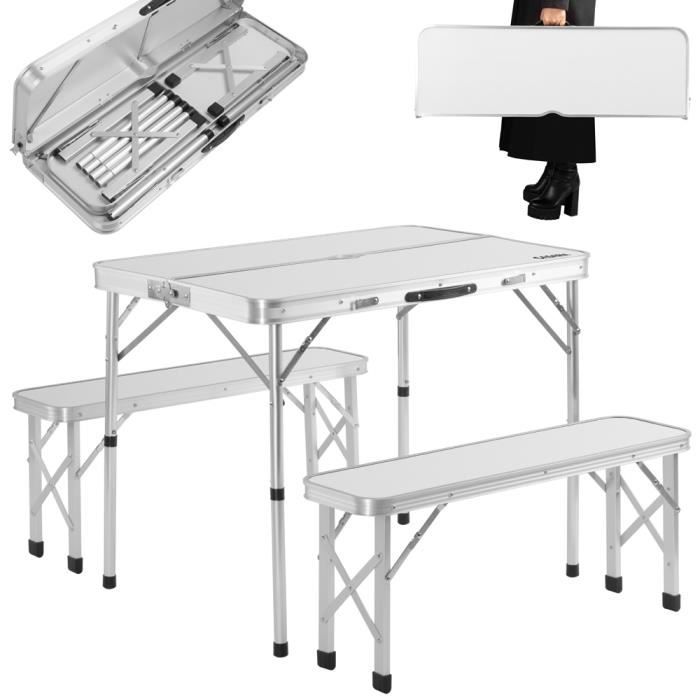 Table de Camping XXL 2 bancs pliants Blanc Aluminium MDF poignée Transport 90x60x70cm Ensemble Camping Table de Jardin réglable