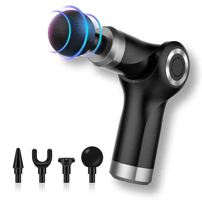 Pistolet de Massage Musculaire - 4 Têtes de Massage - 4 Niveaux de Vitesses - Masseur & Relaxation - Pivotable 90° - Sans Fil