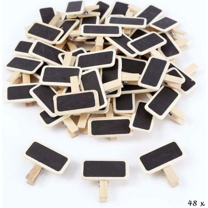 Lot de 48 Minis Ardoises sur pince à linge en bois naturel, 4 x 3 cm, pour marque-place ou porte-photo - Unique