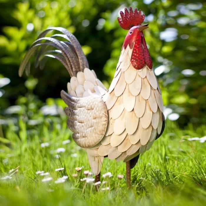 Figurine de jardin coq en métal blanc