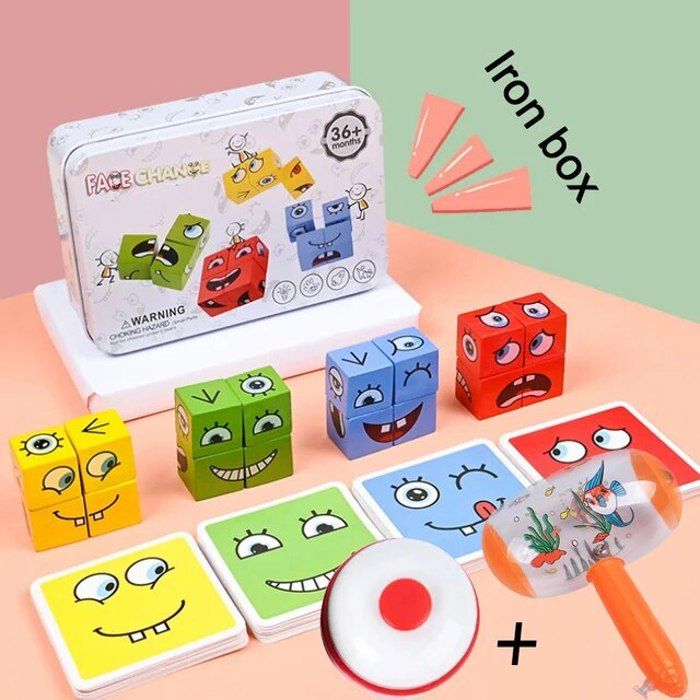 Cube à Expression Faciale En Bois – 16 Cubes, 64 Cartes Défis – Jeu De Logique 3D – Dès 3 Ans – 1 à 4 Joueurs