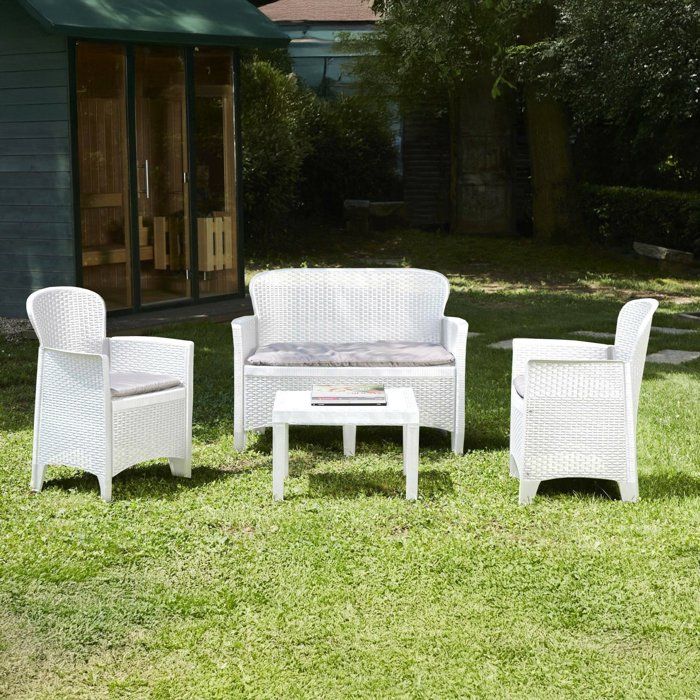 Set salon dextérieur Debois - Dmora - En PVC - 2 fauteuils 1 canapé et 1 table basse - Blanc