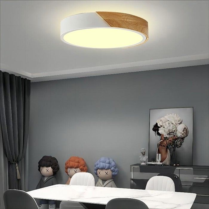 WOTTES Plafonnier LED 24W Blanc Chaud 3000K Plafonnier LED Moderne Rond en Bois dintérieur Ø30cm pour Salon Cuisine Couloir