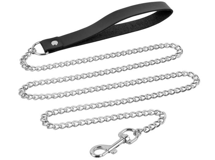 Laisse pour Chien en Métal 118cm Chaîne Anti-Mastication avec Poignée de Cuir PU pour Chiens de Taille Moyenne et Petite