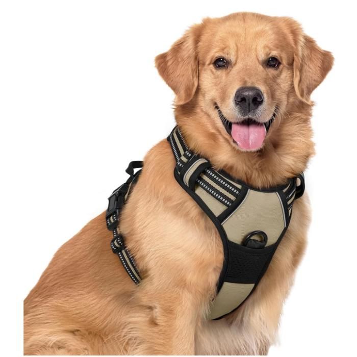 Meilleurs prix pour Harnais Chien XL Arnais Beige Anti Traction Réfléchissant Gilet Réglable pour Chien Grand Taille, Attache Devant Crochet de Laisse