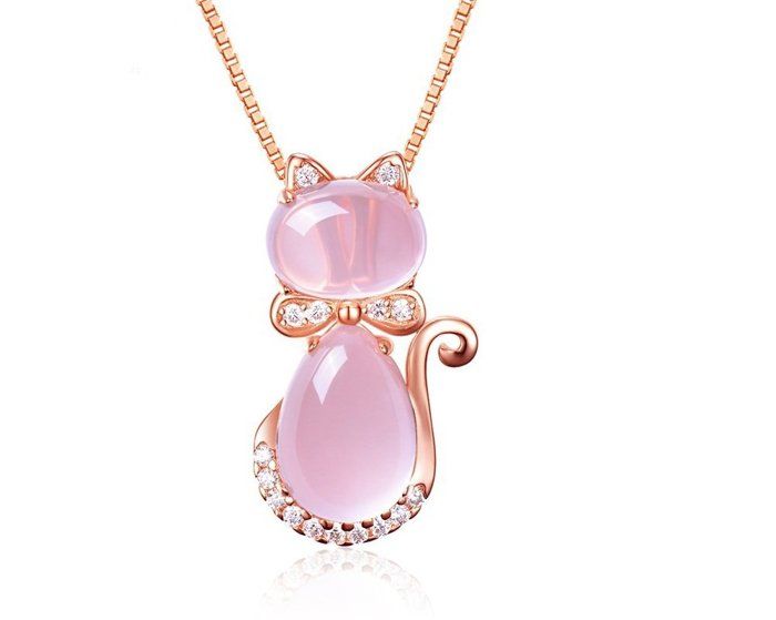 Meilleurs prix pour Collier pendentif chat rose Ross Stone Quartz Opal mignon collier chaîne plaqué or rose argent pour femme