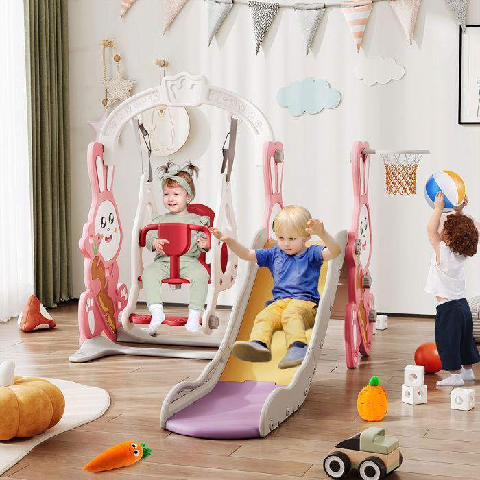 GOPLUS Toboggan 6 En 1 Intérieur/Extérieur – Panier Basket, Télescope, Cachette – 1-3 Ans – Rose
