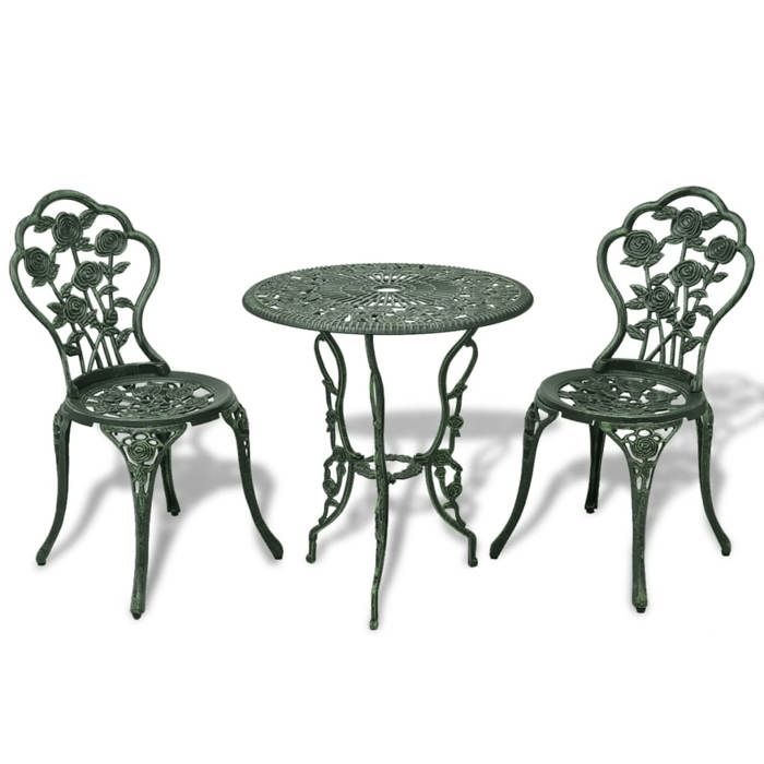Ensemble de bistro en aluminium - JILL - 3 pièces - Aluminium coulé - Vert - Table 59x59x62 cm - Chaise 38x41x85 cm