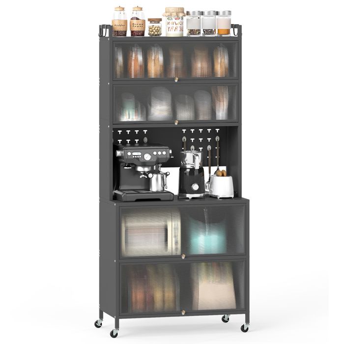 GIANTEX Buffet de Cuisine à 6 Niveaux avec 4 Roulettes 80 x 40 x 182 cm Etagères Ouvertes Panneaux Perforés 14 Crochets Gris