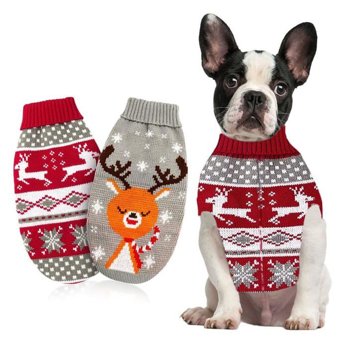 2 Pulls Noël pour Chien/Chat Taille S - Motif Flocons/Renne - Tricot Hiver - Cadeau Fêtes Label