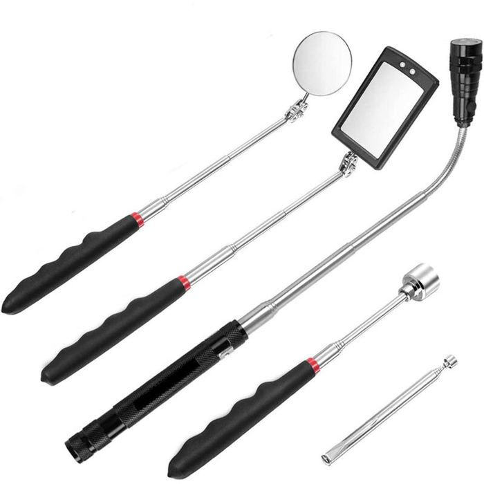 Miroir dinspection Outil de ramassage télescopique magnétique 5 pièces kit doutils extensible avec lumière LED y compris 15 lb