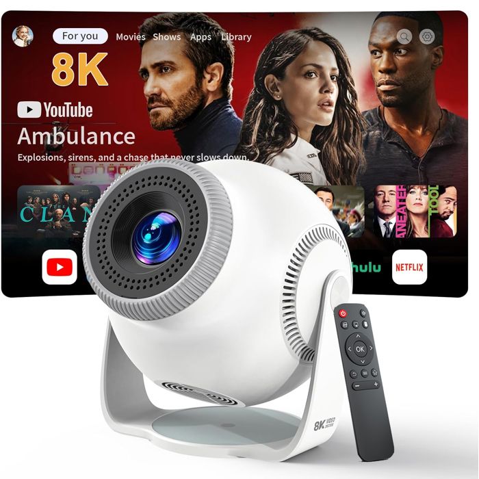 Mini Projecteur Portable 8K Vidéoprojecteur 1080P/4K/8K Portable avec Wifi 6 Bt 5.4 270° Rotation HDMI/TV Stick/USB Blanc