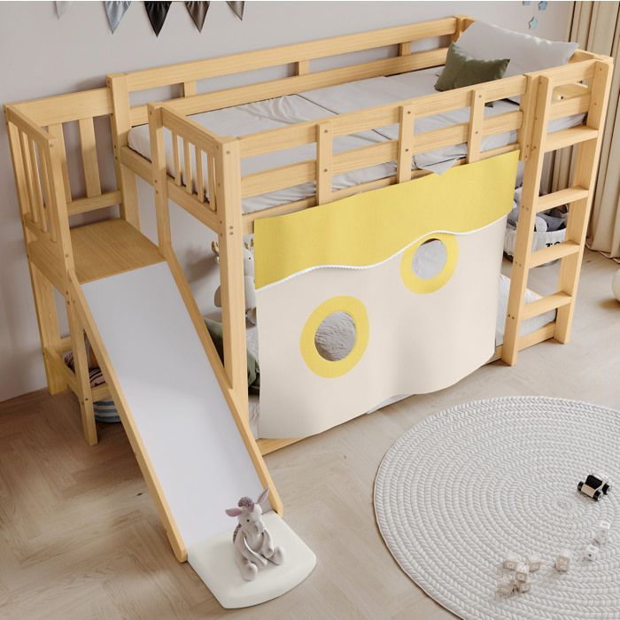Lit superposé enfant en bois naturel avec escalier toboggan et rideaux de lit