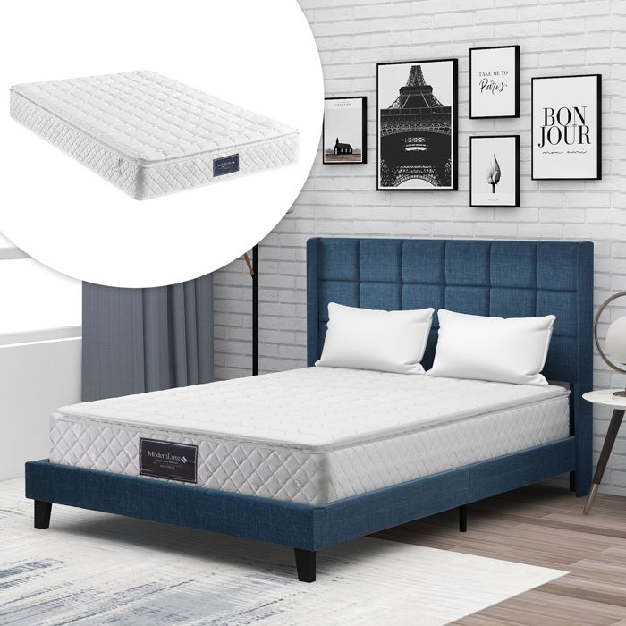 Lit double 140x200 cmLit en lin avec sommier à lattesBleuMatelas Inclus
