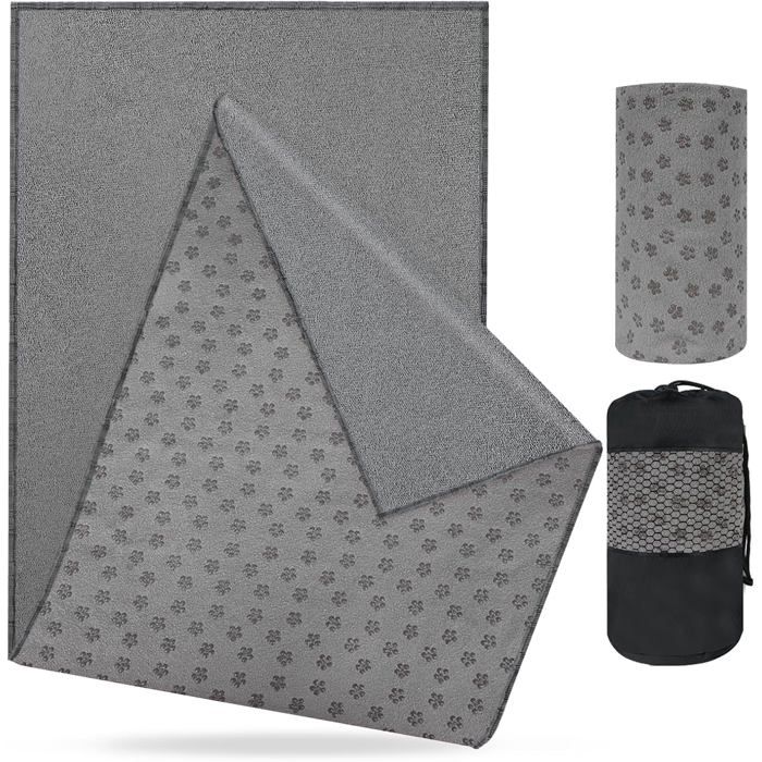 Serviette de Yoga Serviette de Tapis de Yoga Antidérapante 183 x 63cm Microfibre Yoga Serviettes Couverture avec Sac Gris
