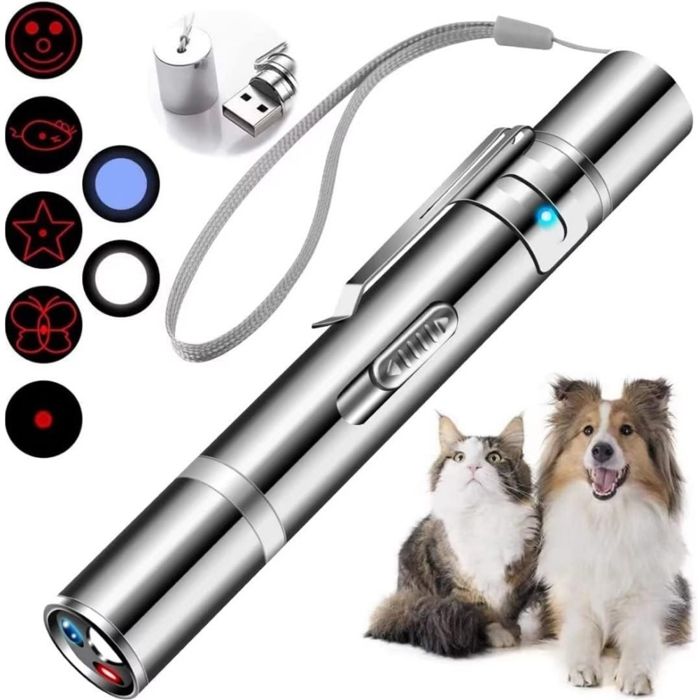Jouet pour animaux de compagnie - Chat amusant et luxueux rouge blanc violet 3 sources lumineuses + 5 motifs .