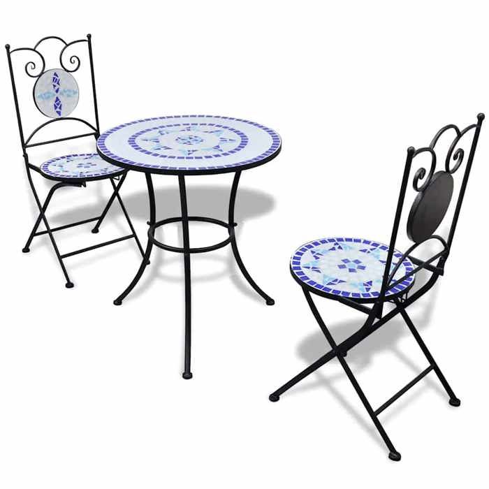 Bleu Ensemble de bistro 3 pcs Carreaux céramiques Bleu et blanc - Salons de jardin H2185