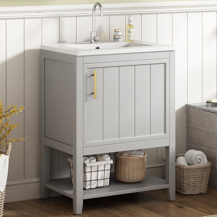 Lavabo simple avec meuble sous-vasque-60cm-avec lavabo en céramique-étagère et espace de rangement spacieux-pose au sol-gris clair