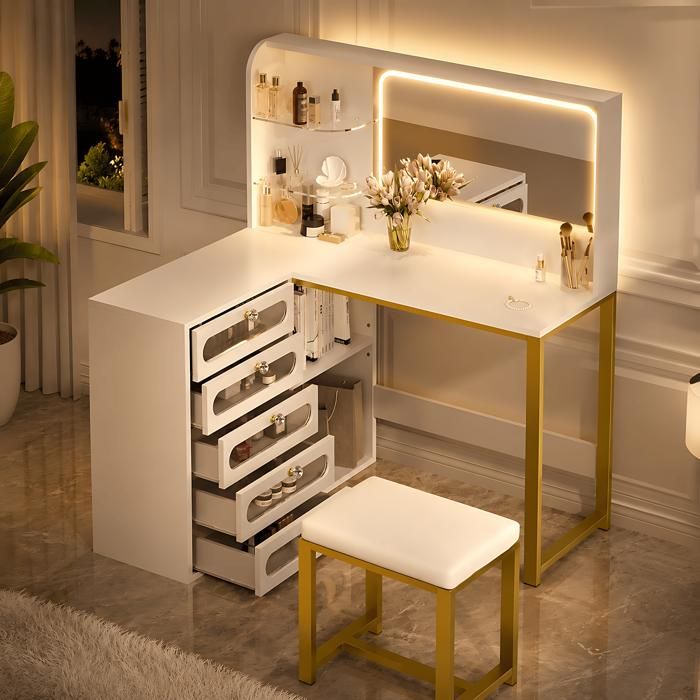 Coiffeuse dangle L avec éclairage LED Tabouret de maquillage inclus Coiffeuse avec 5 tiroirs et étagères réglable Blanc et or