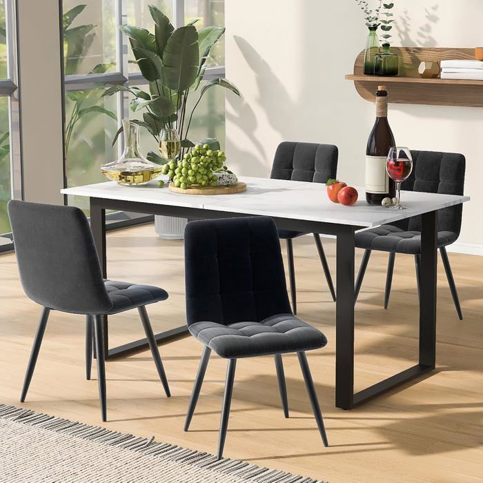 Table de salle à manger extensible avec 4 chaises-140-180cm-rectangulaire-avec plateau de table aspect marbre et pieds en métal