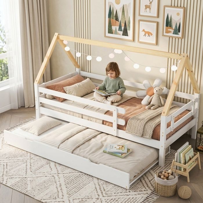WOVREO Lit cabane enfant 90x200 cm avec lit gigogne coulissant pin massif blanc et naturel