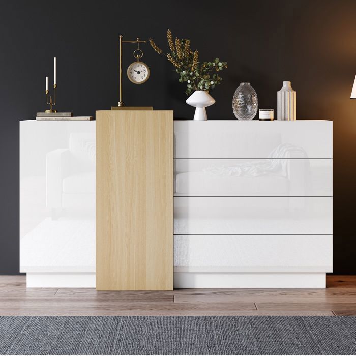 Buffet bas de salon 140 x 35 x 81 cm blanc brillant avec 2 portes 4 tiroirs