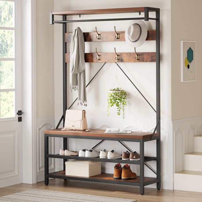 Meuble d’Entrée Avec Banc 9 Crochets Et Étagère Porte-Manteaux Vestiaire Pour Couloir Chambre Marron Rustique Et Noir