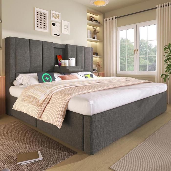 Lit - KOMHTOM - 180x200 cm - Lit coffre avec rangement - Sommier à lattes - Station de charge USB‑C Lit - KOMHTOM - 180x200 cm - Lit coffre avec rangement - Sommier à lattes - Station de charge USB‑C