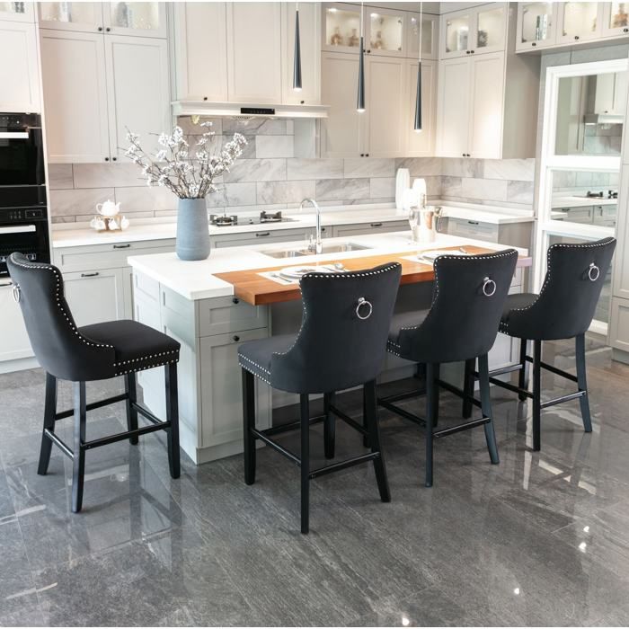 Tabourets De Bar Lot De 2 Velours Noir Style Contemporain FloraGrace Pour Ilot De Cuisine Dossier Haut Capitonne 60x47x103 5cm