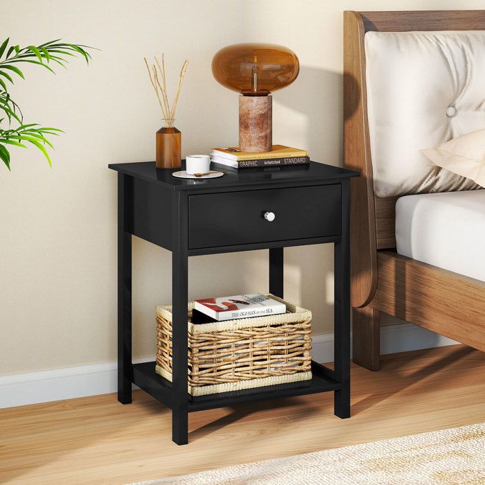 Lot de 2 Tables de Chevet en Bois-COSTWAY-avec Tiroir & Étagère Ouverte Style Contemporain 48x40x58CM Noir pour Salon Chambre Lot de 2 Tables de Chevet en Bois-COSTWAY-avec Tiroir & Étagère Ouverte Style Contemporain 48x40x58CM Noir pour Salon Chambre