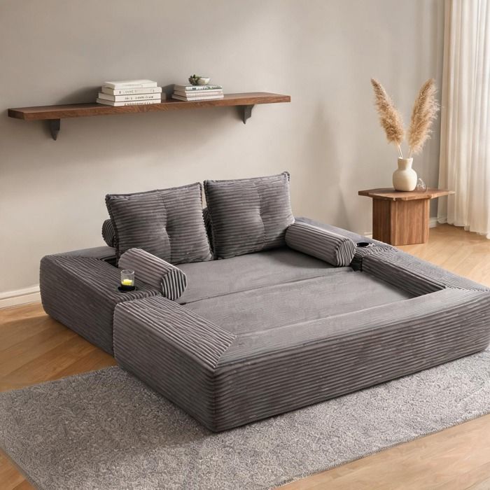 Canapé 2 places en velours côtelé classic gray convertible mousse densité 30 avec accoudoirs amovibles et rangements
