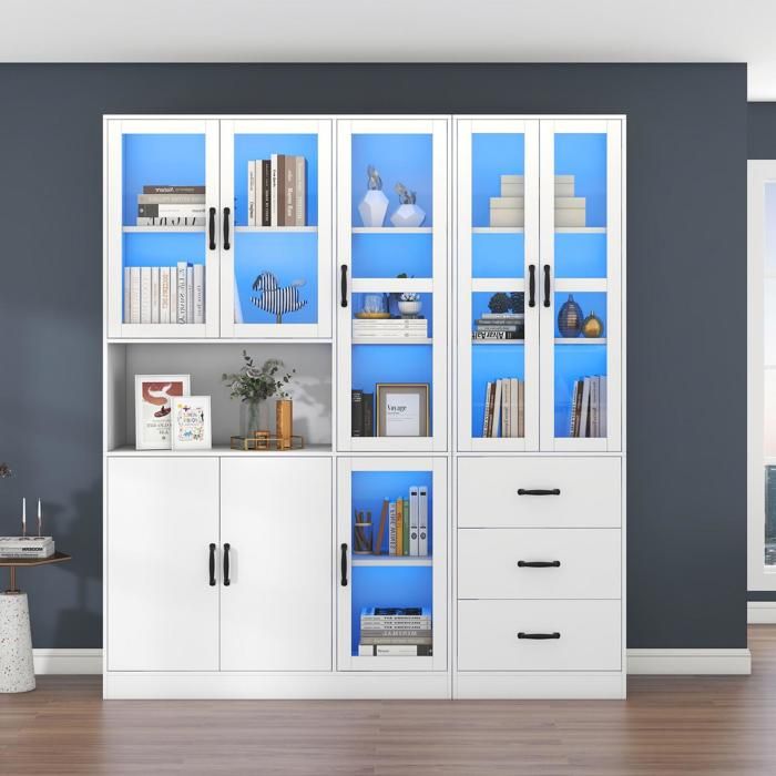 Vitrine dExposition - 180x40x200cm - Vaisselier XXL avec LED USB App 8 Portes 3 Tiroirs & Étagères - Blanc