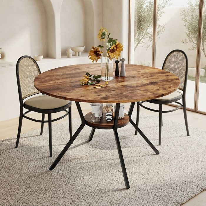 Table à manger ronde en bois pour 4 à 6 personnes 120 cm avec 1 étagère ouverte pour salle à manger cuisine salon marron+ noir